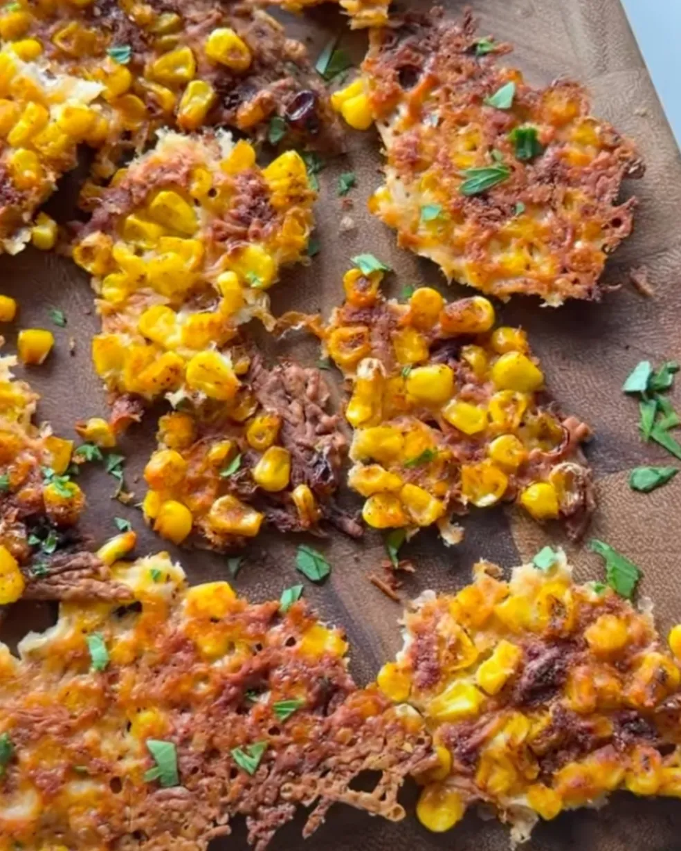 Upečené parmezánovo-kukuřičné chipsy s hnědavými okraji těsně po vytažení z trouby