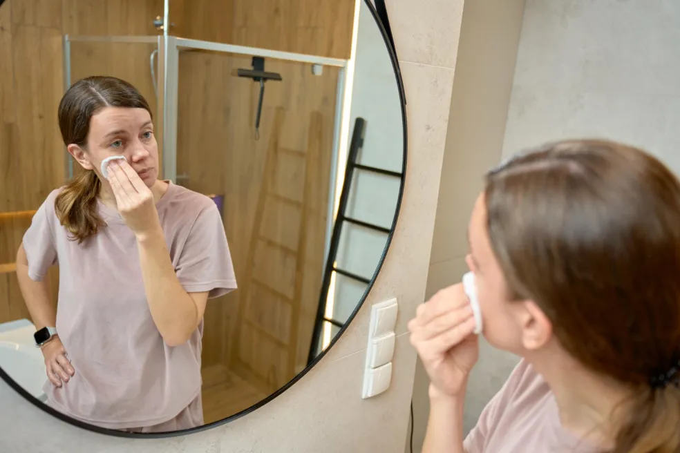 Žena si večer odličovacím tamponem odstraňuje make-up a SPF