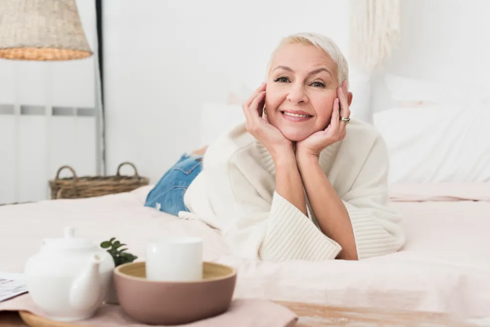 žena po 50-ke při ranní skincare rutině během menopauzy