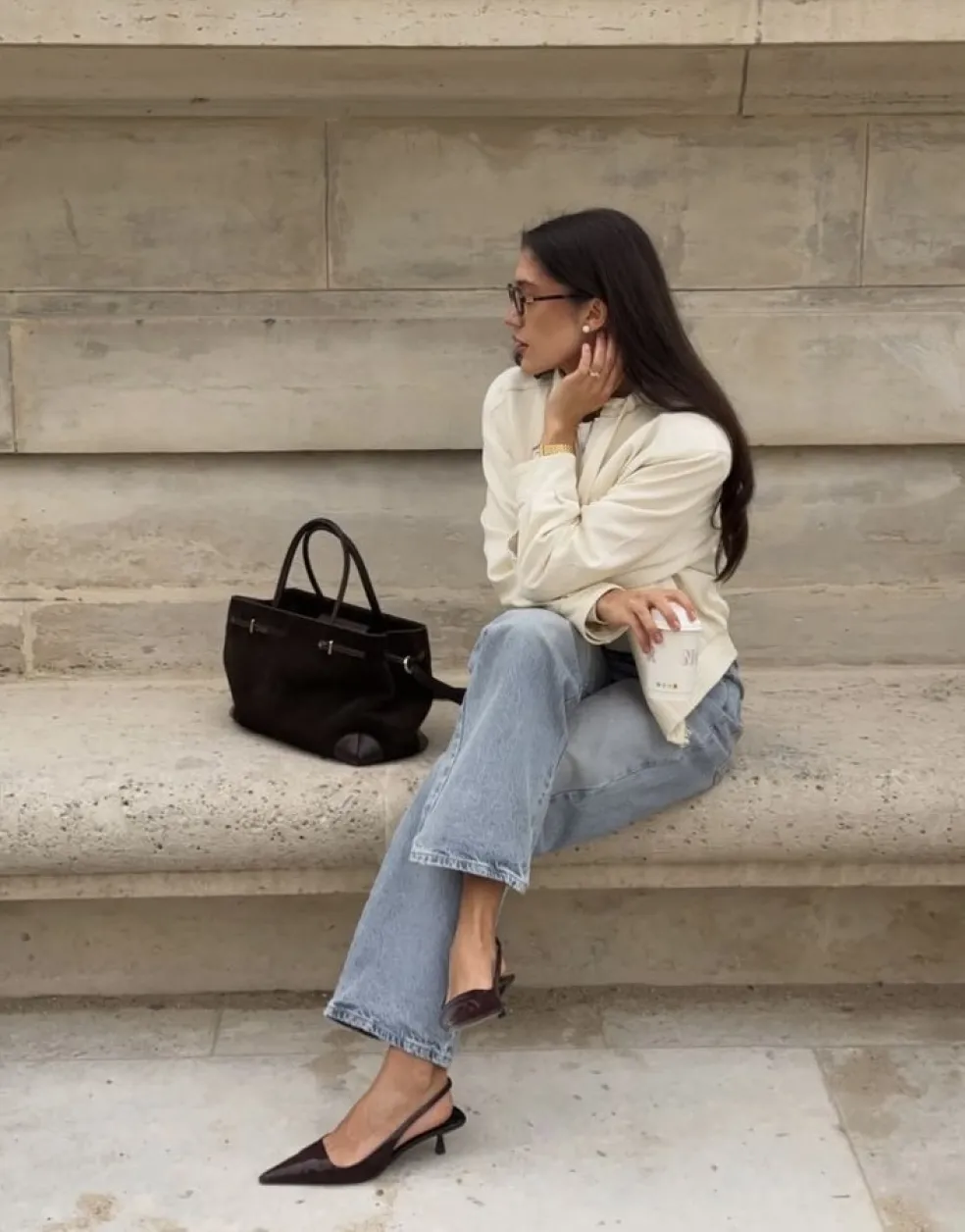 kitten heels kombinované se širokými kalhotami